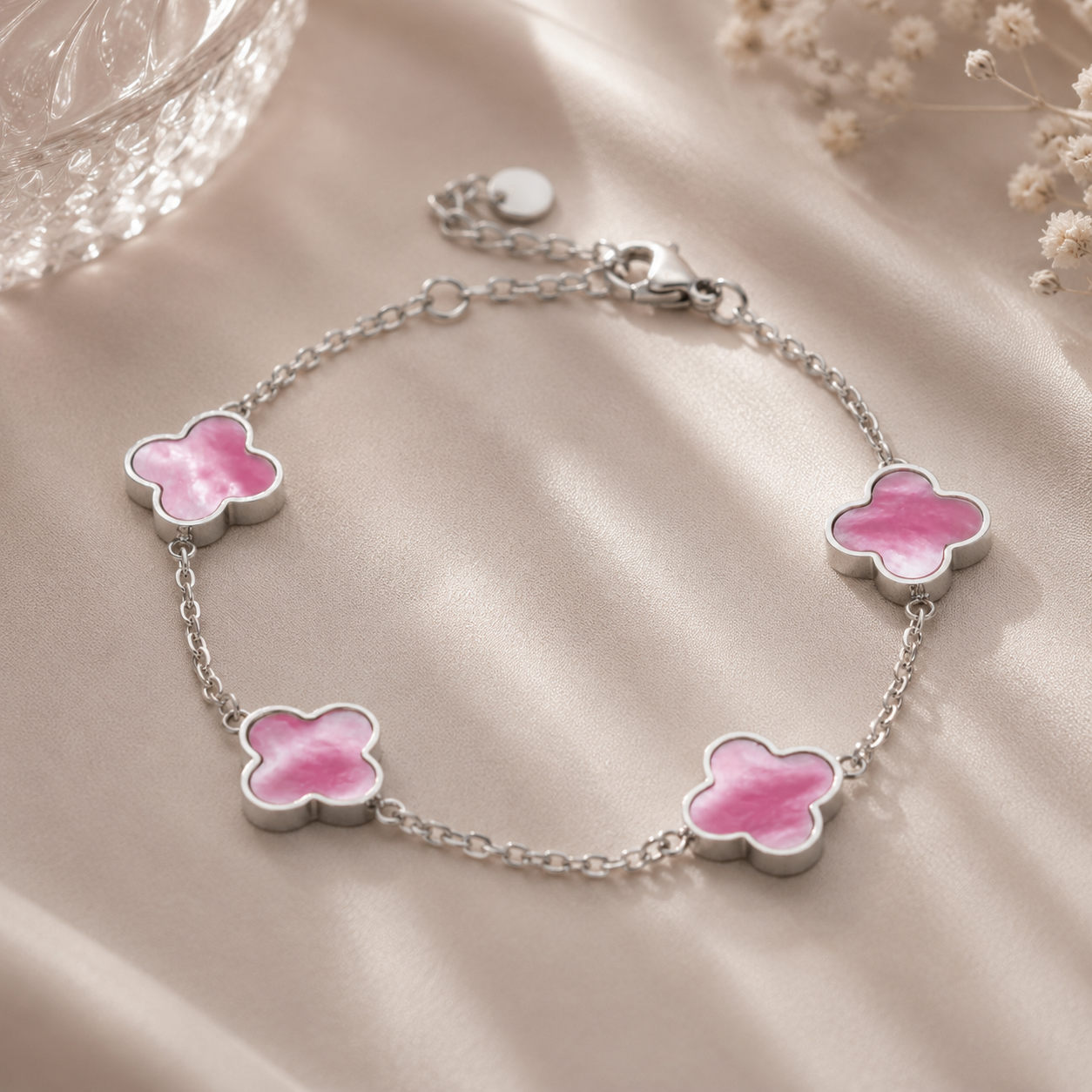 Shiny Pink Clover Bracelet